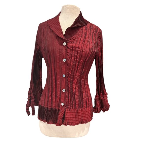 Agara Womens Pleated Button-Up Blouse With Ruffled Cuffs - Medium Elegant Burgun - Picture 1 of 9